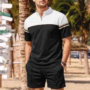 Men’s Summer Colorblock Stand Collar Set — Half-zip Short-Sleeve T-Shirt + Drawstring Shorts, Casual Sport Two-Piece Set