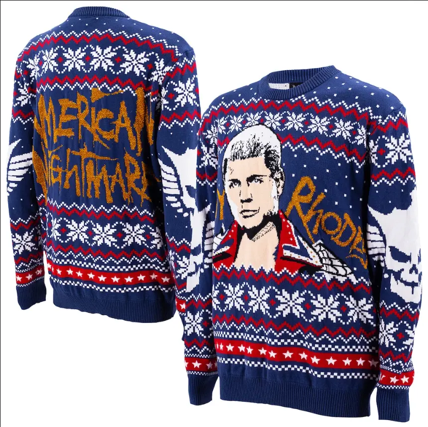 American Nightmare Rhodes Christmas Sweater – Blue Holiday Knit Pullover with Festive Snowflake Pattern | Ugly Xmas WWE Style