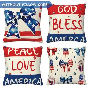July 4th Theme Pillow Set with Bow, Ice Cream, Patriotic Theme Pillow Set, American Flag Stripes, Stars and Stripes Independence Day Cushion Set, Suitable for Home Sofa and Farmhouse Decoration, 4-piece Set with Double sided Printing