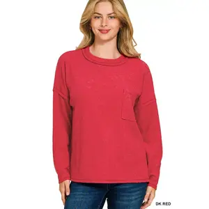 Zenana Ribbed Brushed Melange Hacci Sweater with Chest Pocket
