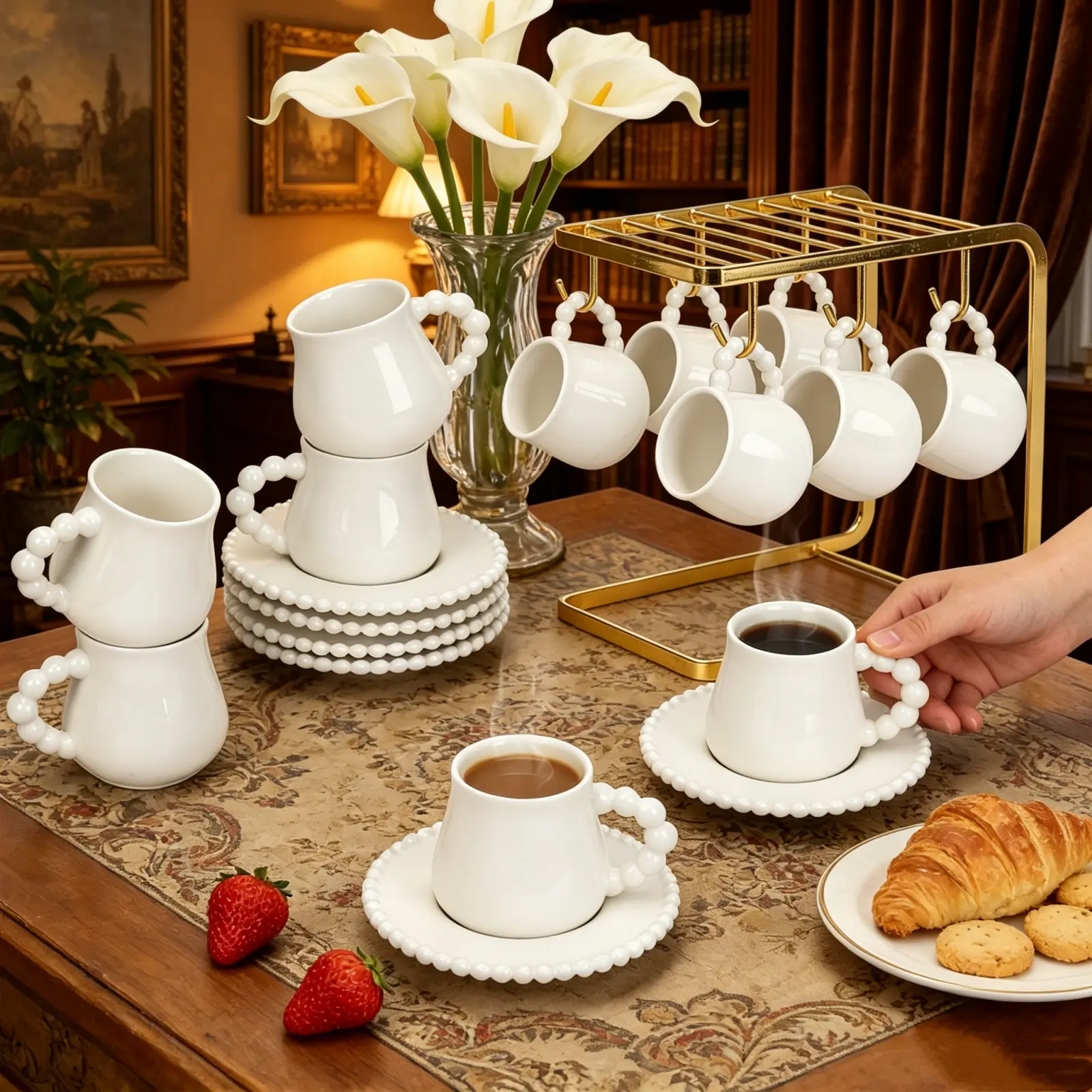 [SMALL SIZE] Coffee Cup Set of 6 with Saucers, 3.5 OZ Ceramic Espresso Cups, Elegant Deco Turkish Coffee Cup Gift for Cappuccino, Latte, Cafe Mocha and Tea, Dishwasher & Microwave Safe