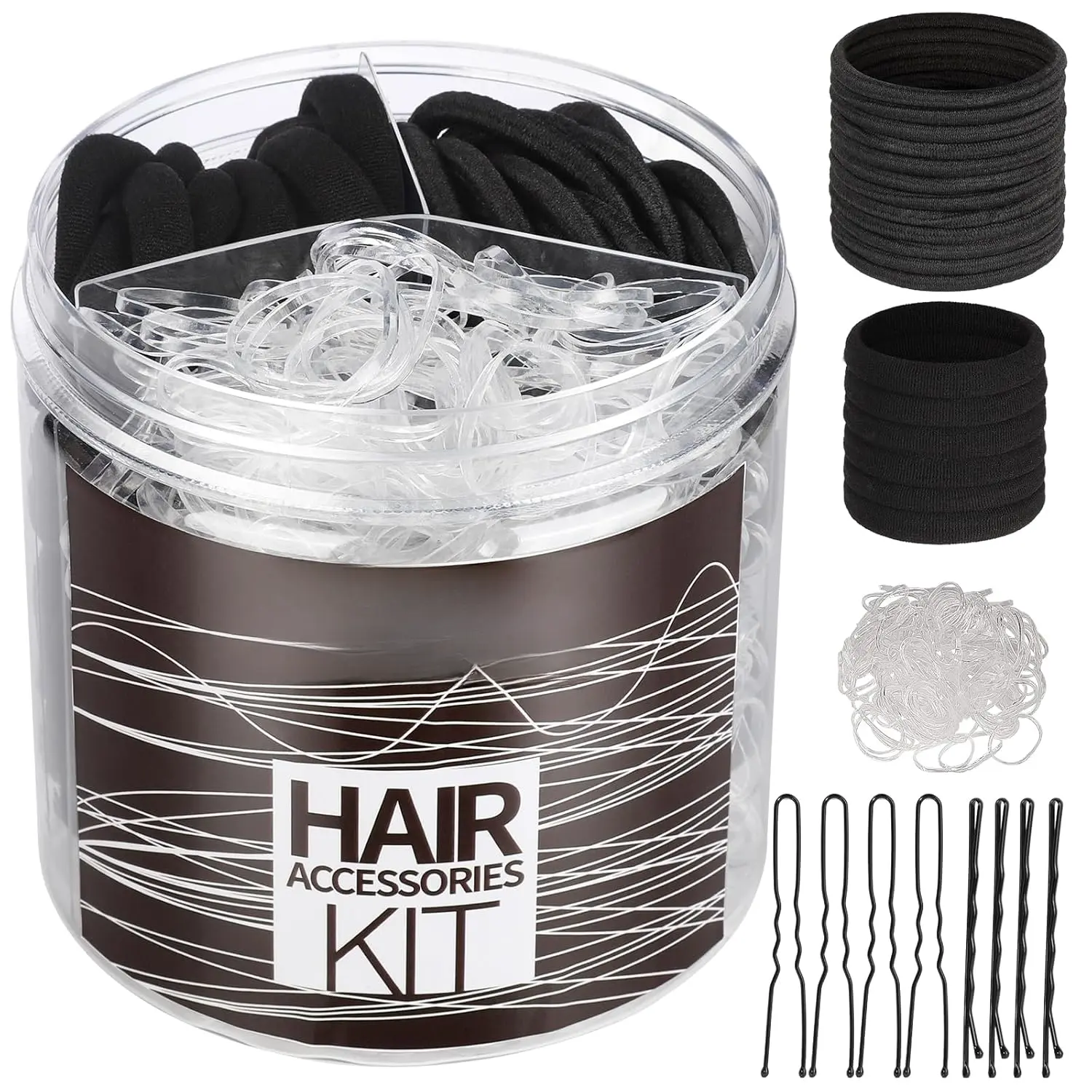 Hair Accessories Kit for Woman & Girls: 500 count Elastic Hair Bands; 30 count Ponytail Holders, Black Seamless Thick Hair Bands; 40 count Bobby Pins, Clear & More