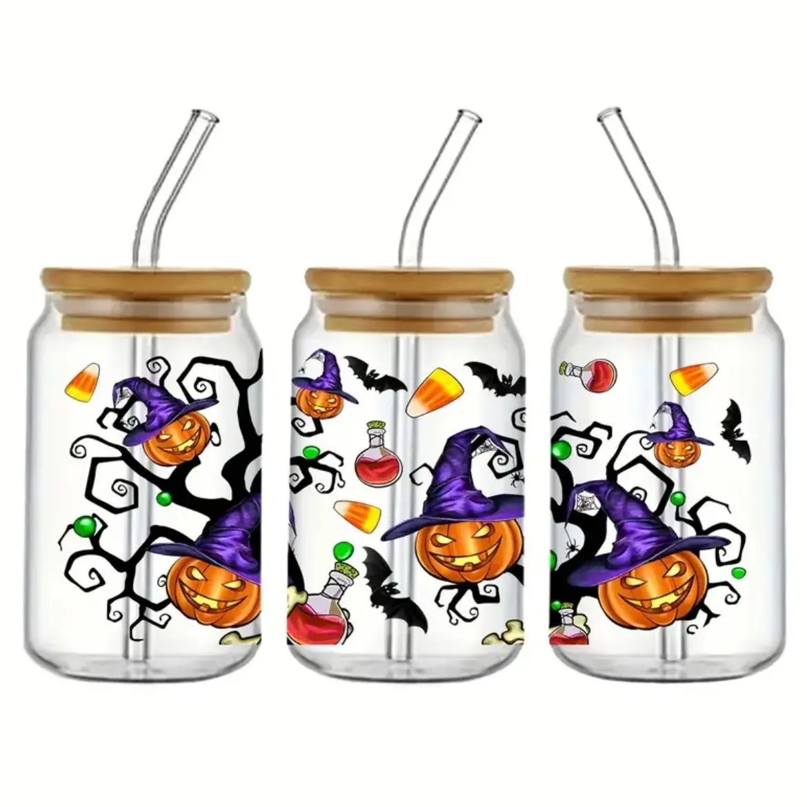 Frosted Halloween Pumpkin Witch 16oz Libby Cup with Bamboo Lid and Glass Straw - Perfect for Festive Parties - Bottles, Drinkware Tumblers