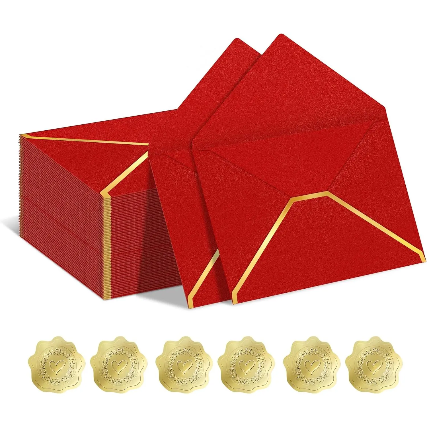 50 Pack A7 Envelopes for Invitations, 250g Shimmer Cardstock 5x7 Business  Envelopes with  Foil V Flap & Sealer,Weddings, Graduations, Greeting Cards,  Shower (Red)