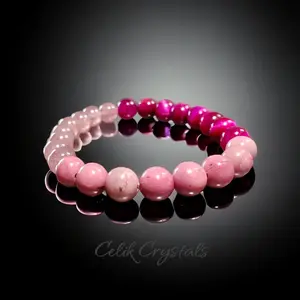 Celik Crystals Original Design 8mm Pink Tiger Eye, Strawberry Quartz & Rhodonite Bracelet - Natural Stones for Energy Protection