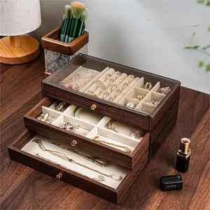 Walnut Wood Multi-Layer Elegant Jewelry Box, Earring Storage Case, Ring Necklace Organizer, Perfect Gift for Women