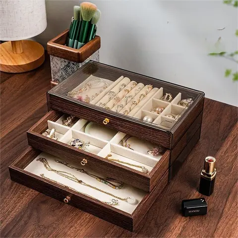 Walnut Wood Multi-Layer Elegant Jewelry Box, Earring Storage Case, Ring Necklace Organizer, Dustproof Organizers, Perfect Gift for Women