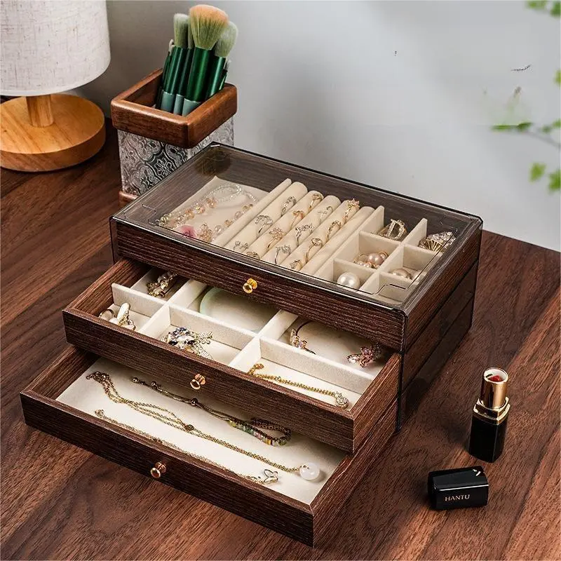 Walnut Wood Multi-Layer Elegant Jewelry Box, Earring Storage Case, Ring Necklace Organizer, Dustproof Organizers, Perfect Gift for Women