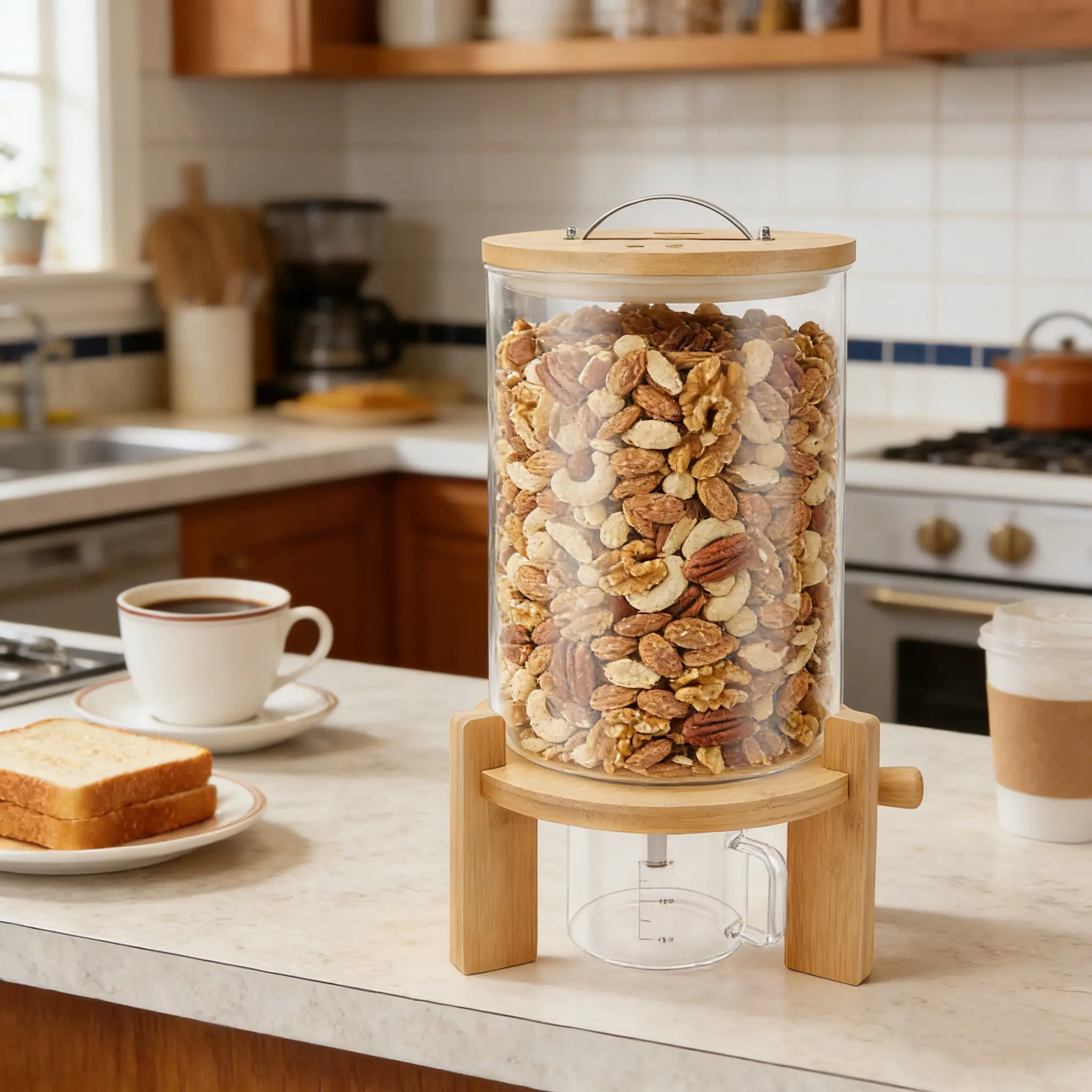 7.5L Glass Cereal Dispenser with Bamboo Stand & Measuring Cup, Modern Clear Storage Container for Granola Candy Rice Beans Coffee, Kitchen Countertop Organizer