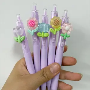 5/10pcs Milk Purple Colorblock Flower Fairy Press Neutral Pen Glitter Petals + Green Leaf Silicone Patch Spring Series Daily Writing Stationery Ballpoint Pen (15/25 Pens + 15/25 Refills)