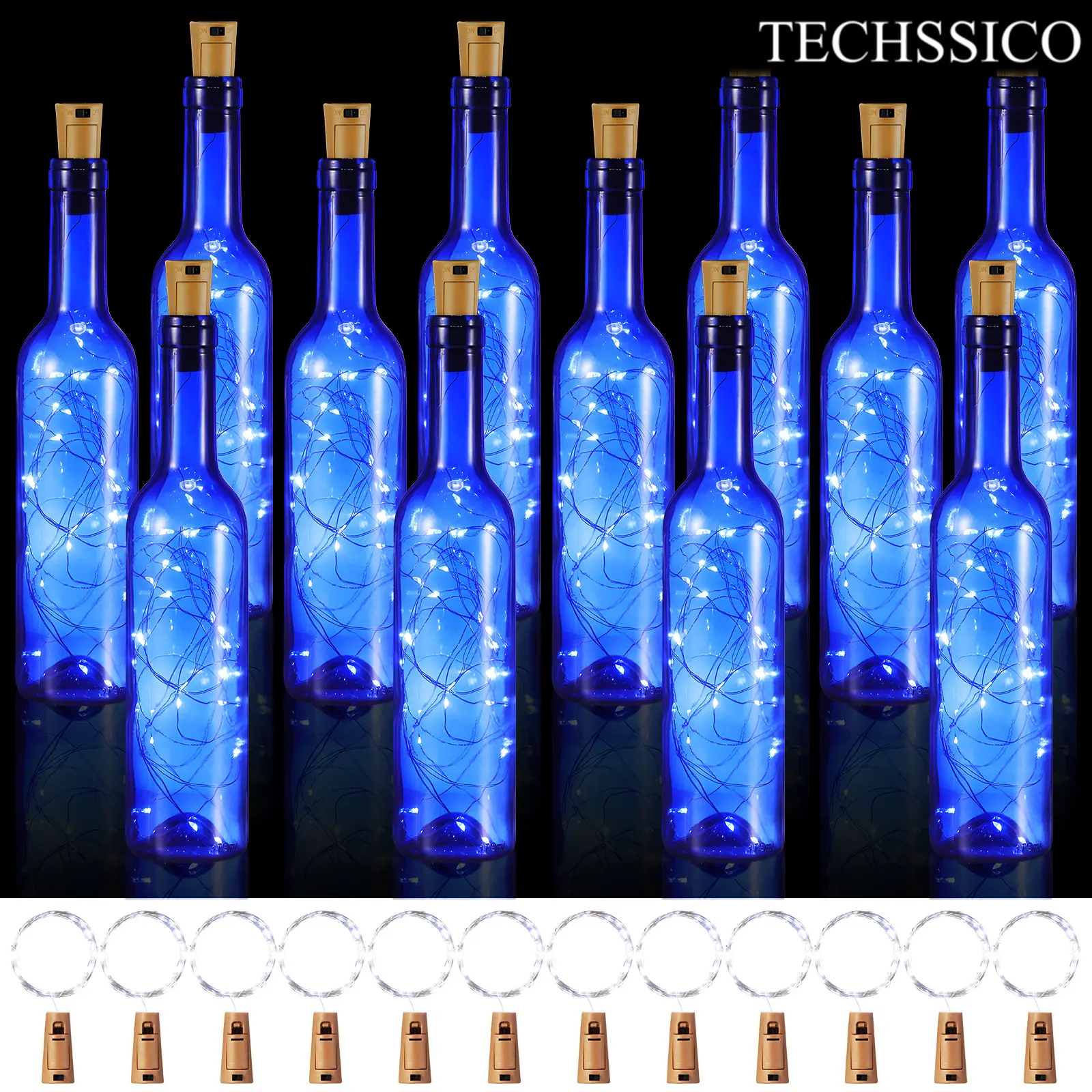 TECHSSICO 12 Pieces Small Empty Blue Wine Bottles (375 ml, 0.6-0.9 inch Diameter, 10 x 2.4 inches) with Push Button Battery-Operated 30 LED Cork Lights for Birthday Wedding Decorations, Batteries, 12 X Bottle Fairy Lights