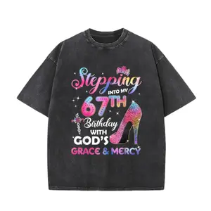 Vintage Washed Black Unisex T-Shirt – Glitter High Heel & 67th Birthday Graphic, Oversized Fit for Outdoor Streetwear & Faith Aesthetic