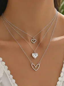 Wis 3-Piece Heart Design Shiny Inlaid Pendant Necklace Set for Women Yellow Gold Color Elegant Simple Style Valentine's Day Gift