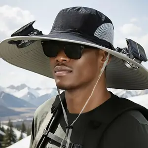 Solar Fan Hat, Wide Brim Sun Cap with 2 Solar Sun Protection Fans, USB and Solar Powered Fan Hat Solar Powered Black Fan Hat for Men and Women - Outdoor Fishing Hat with Fan, Wide Brim Sun Hat for Camping and Working