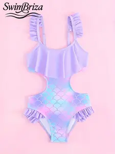 Briza｜Ruffle Strap Cut-Out One Piece Swimsuit In Lavender Pastel Mermaid Scale Print Is A Bathing Suit Fancy For Girls, A One Piece Bathing Suit Bathingsuit Among Cute Bathing Suits For Beach Vacation Pool Party And Summer Confidence