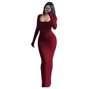 Bodycon Maxi Women's Autumn Clothing Long Sleeve Square Neck A-line Sexy Slim Fit dress Casual Fabric Womenswear Elastic Solid Summer sundress Formal beach outfits dresses summer elegantoutfits summer dress birthday dress sundress Polyester Spandex