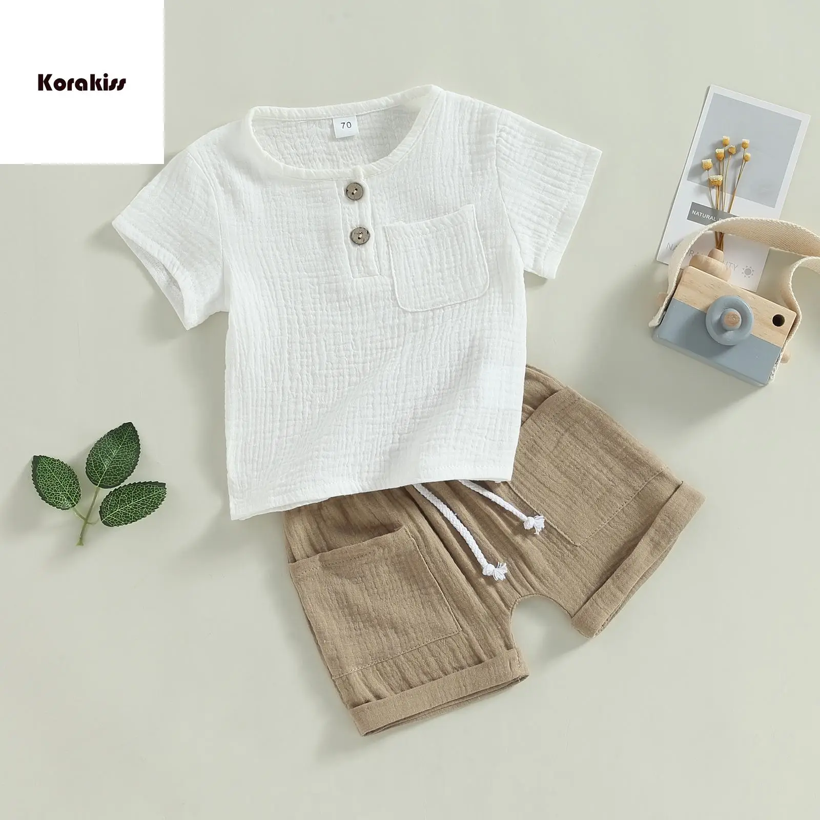 Baby Boys Summer 2-piece Outfits Solid Color Short Sleeve T-shirt with Breast Pocket and Casual Elastic Shorts Set