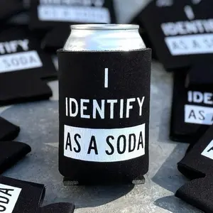 Funny Beer Koozie "I Identify As A Soda" Black Foam Can Cooler Double Sided White Screen Print Fits 12oz Cans & Bottles, Drink Protector