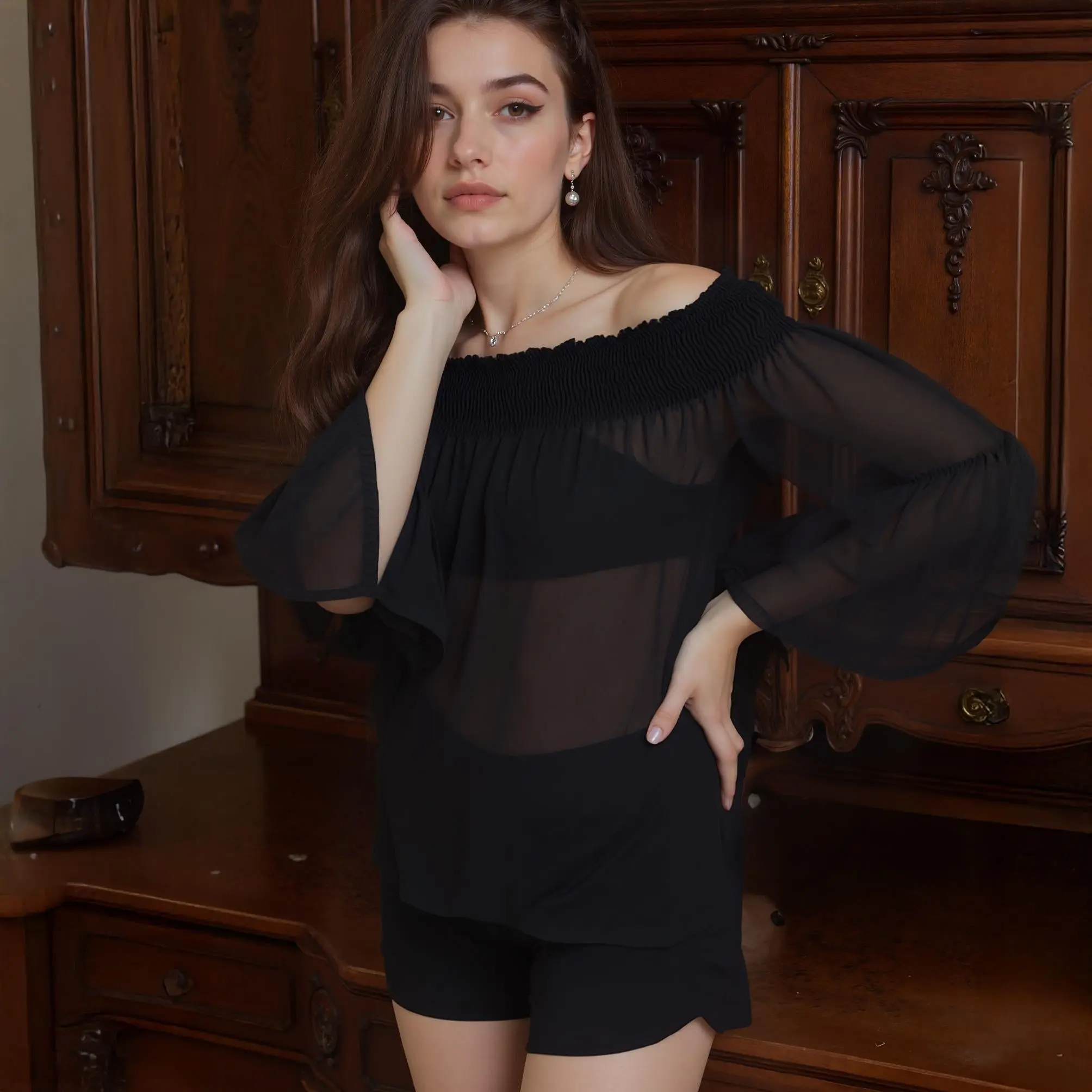 Women's Smocked Off Shoulder Top - Cotton Blouse with Long Sleeves, Flared Design, and Adjustable Straps for Comfort