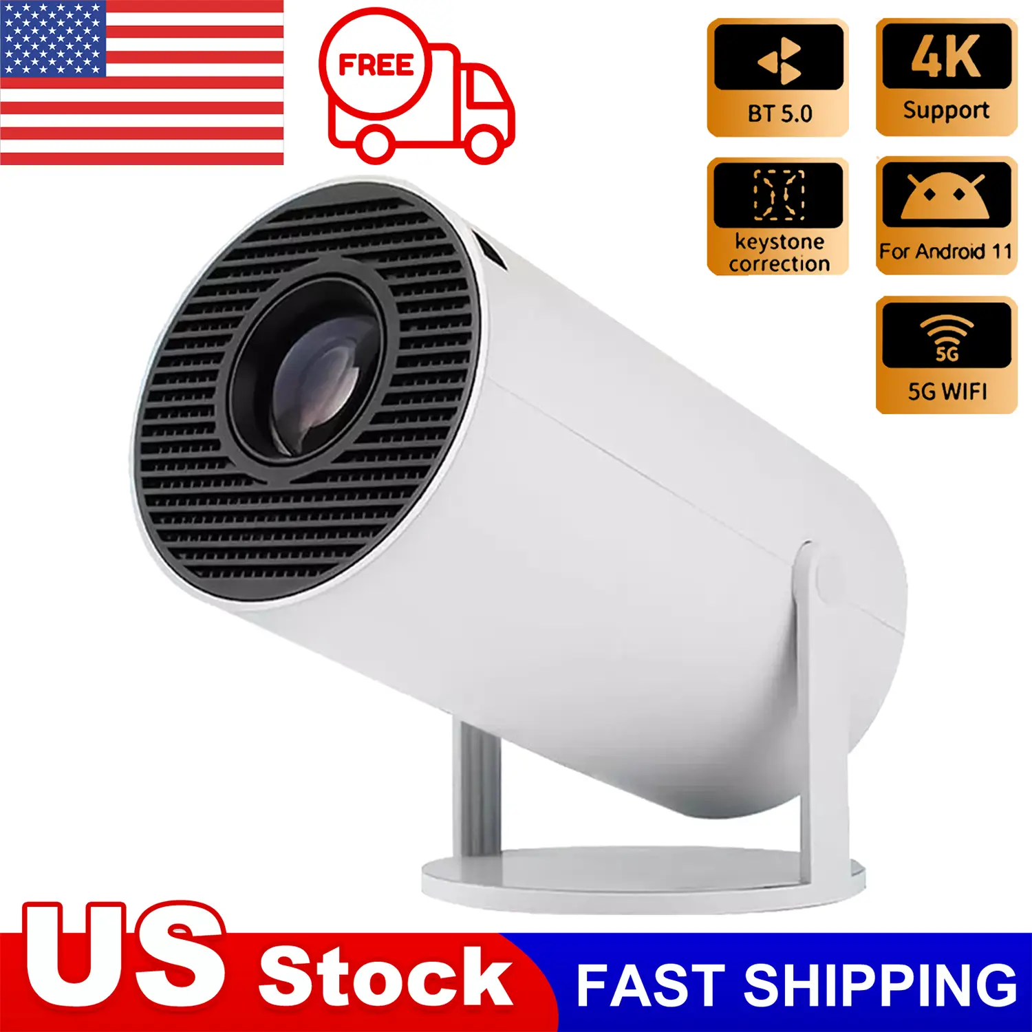 Mini Projector, HY300 PRO Portable Projector, Support 4K 1080P with Dual-Band WIFI6 5G Wireless 5.2 Bluetooth Android 11, 180° Rotatable, Auto Keyston