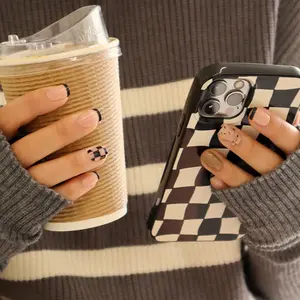 MUZMAK Nail Tips in Egg Milktea Regular Square Transparent Checkerboard Egg Chip Pattern Reusable TPU Material Korea's Only Salon-Quality Nails