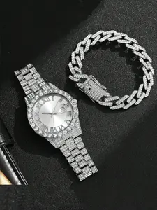 Men's Hip Hop Full Diamond Silver Color Watch Cuban Chain Set, Fashionable Watch, Roman Numerals Calendar Quartz Watch, Punk Style Diamond Wristwatch