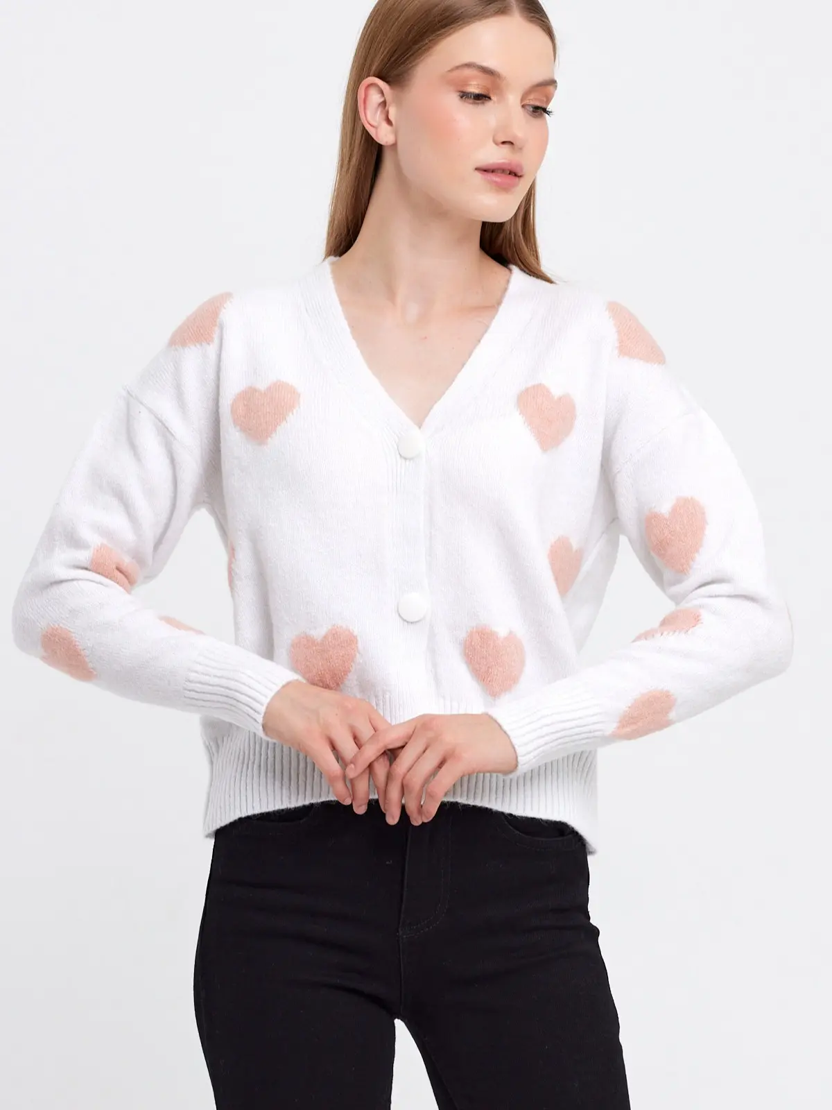Women's Heart Printed Knit Cardigan Cropped Heart Knit Cardigan Valentine's Sweaters White Cropped Knitwear