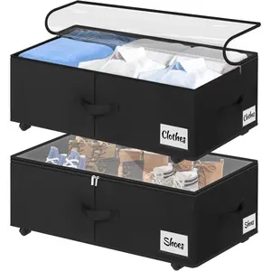 Under Bed Storage with Wheels, 2-Pack 10" Height XXL 60L Rolling Storage Bins, Quick Assembly Underbed Shoe Storage Containers with Clear Lid & Label, Dorm Under Bed Drawers for Clothes, Shoes, Black