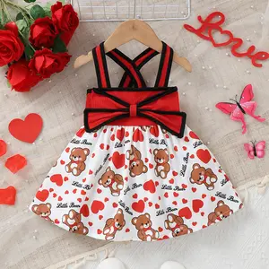 Baby Girls Valentine's Day Party Dress Heart & Teddy Bear Print Patchwork Sleeveless Front Bow Dress,As Gift 42510064