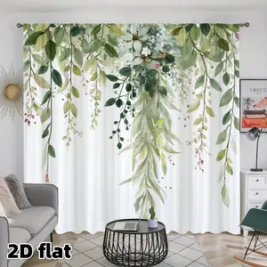 2D Flat 2Pcs Botanical Green Leaf Curtains, Window Drapes, Watercolor Hanging Plants Design, Rod Pocket, Semi Sheer White Background, Nature Inspired Window Treatment for Living Room Bedroom, Farmhouse Home Decor, Easy to Clean