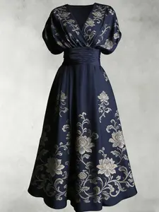 Floral Print V Neck Bubble Sleeve Dress, Elegant Summer Long Dress, Fitted Casual Dress for Women, Perfect for Daily Wear, Dates, Beach Vacations