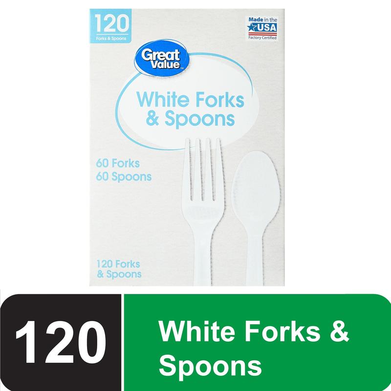 Great Value Disposable Plastic White Forks and Spoons, 120 Count includes 60F/60S