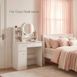 Vanity Table with Round LED Mirror, Makeup Desk with Storage Drawers & Shelves, Dressing Table for Small Spaces, Bedroom Vanity Set with Cabinet