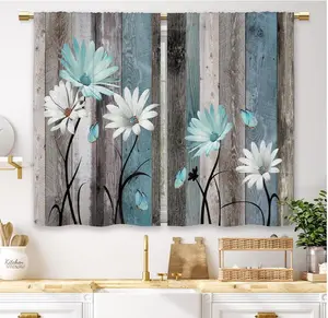 Teal Farmhouse Daisy Kitchen Curtains Wooden Flower Small Short Cafe Window Curtains Rustic Floral Butterfly Country Bathroom Drapes Treatment Tier Curtains 2 Panels (27.5x39 Inch)