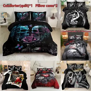 Valentine's Day Skull Couple Duvet Cover Set, Soft Comfortable Bedding, Zipper Closure, Perfect Gift for Animal Lovers