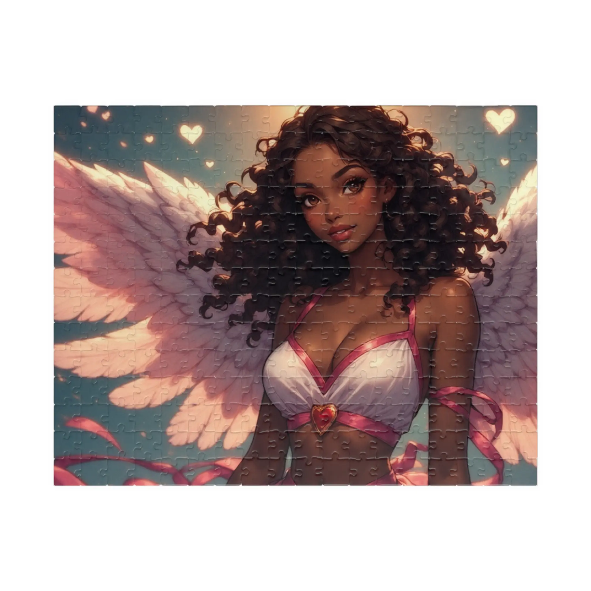 Valentine’s Day Dream Curly-Haired Angel Illustration Puzzle 100% Chipboard 110-1014 Pieces Romantic Heart-Filled Artwork Ideal for Couples Friends Self-Care Days