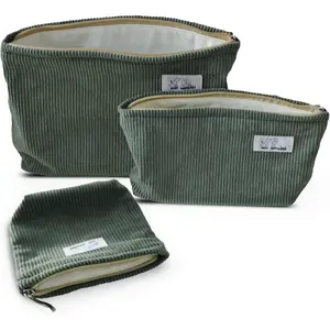 Corduroy Makeup Bag Set 3  Toiletry Travel Pouch Organizer for Purse Tote, Women Girls , Large Medium Small, Solid Sage Green