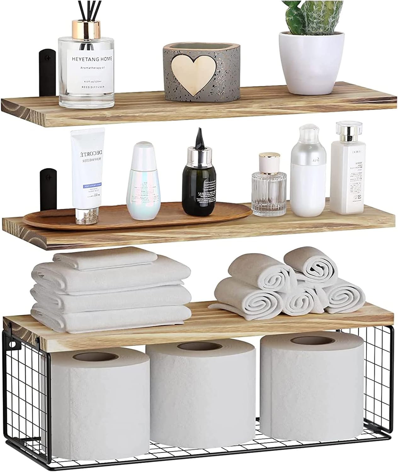 Premium Live-Edge Elm Wood Floating Shelves with Refined Edging--Crafted from rustic solid elm wood, these heavy-duty floating shelves feature invisible brackets for a seamless display