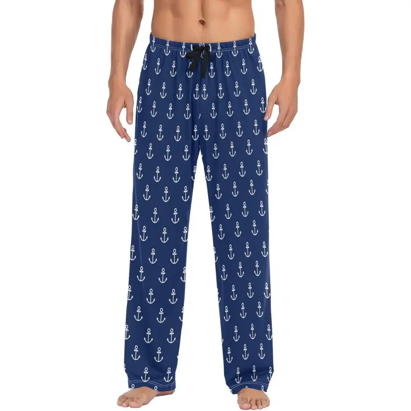 Tiktokshopblackfriday Anchor Navy Blue Pattern Mens Pajama Pants Soft Sleep Bottoms with Pockets L Loungewear Menswear Casual Modal Pjs for Home Gym Elastic Nightwear