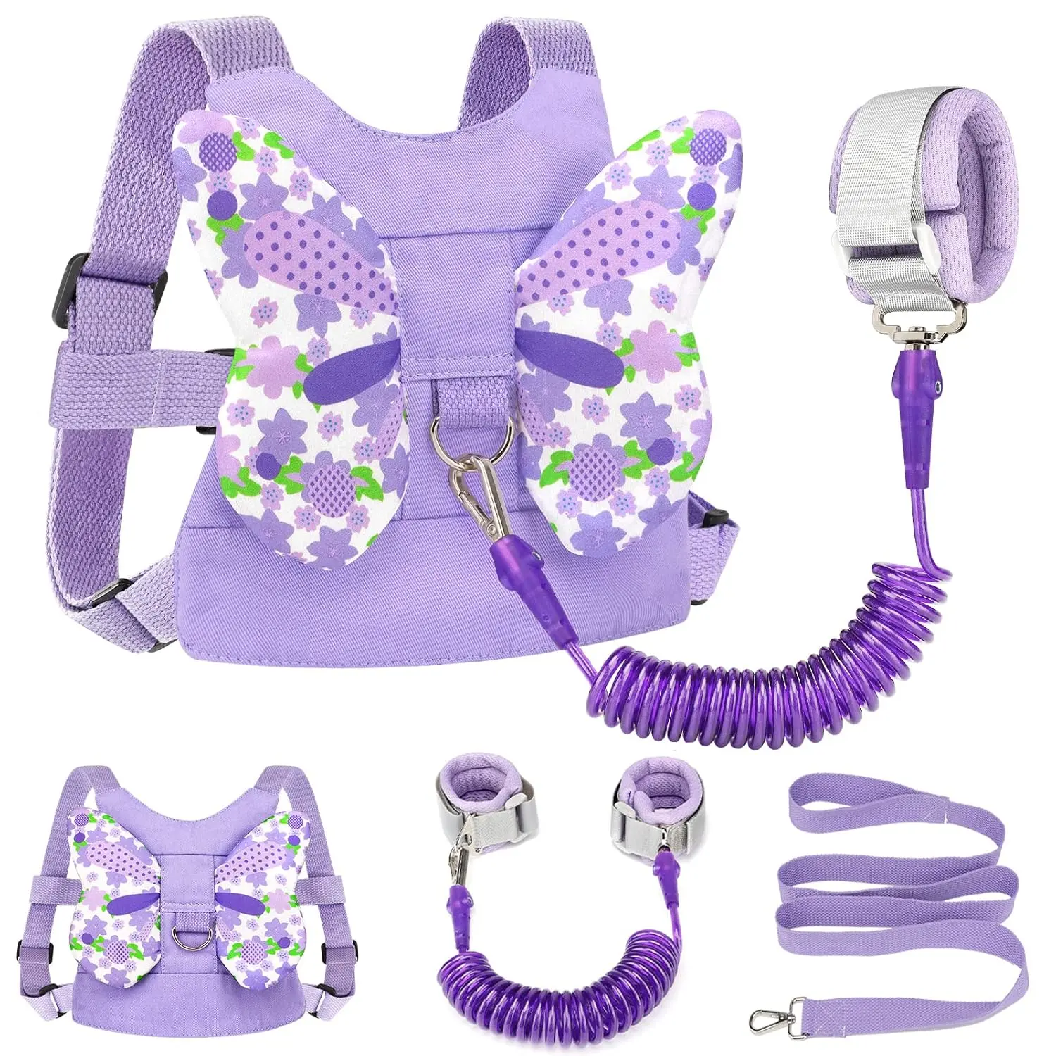Toddler Harness Leash + Anti Lost Wrist Link, Kids Butterfly Harnesses with Children Leashes, Cute Baby Leash Walking Assistant Wristband Strap Tether  Girls Outdoor (Purple)
