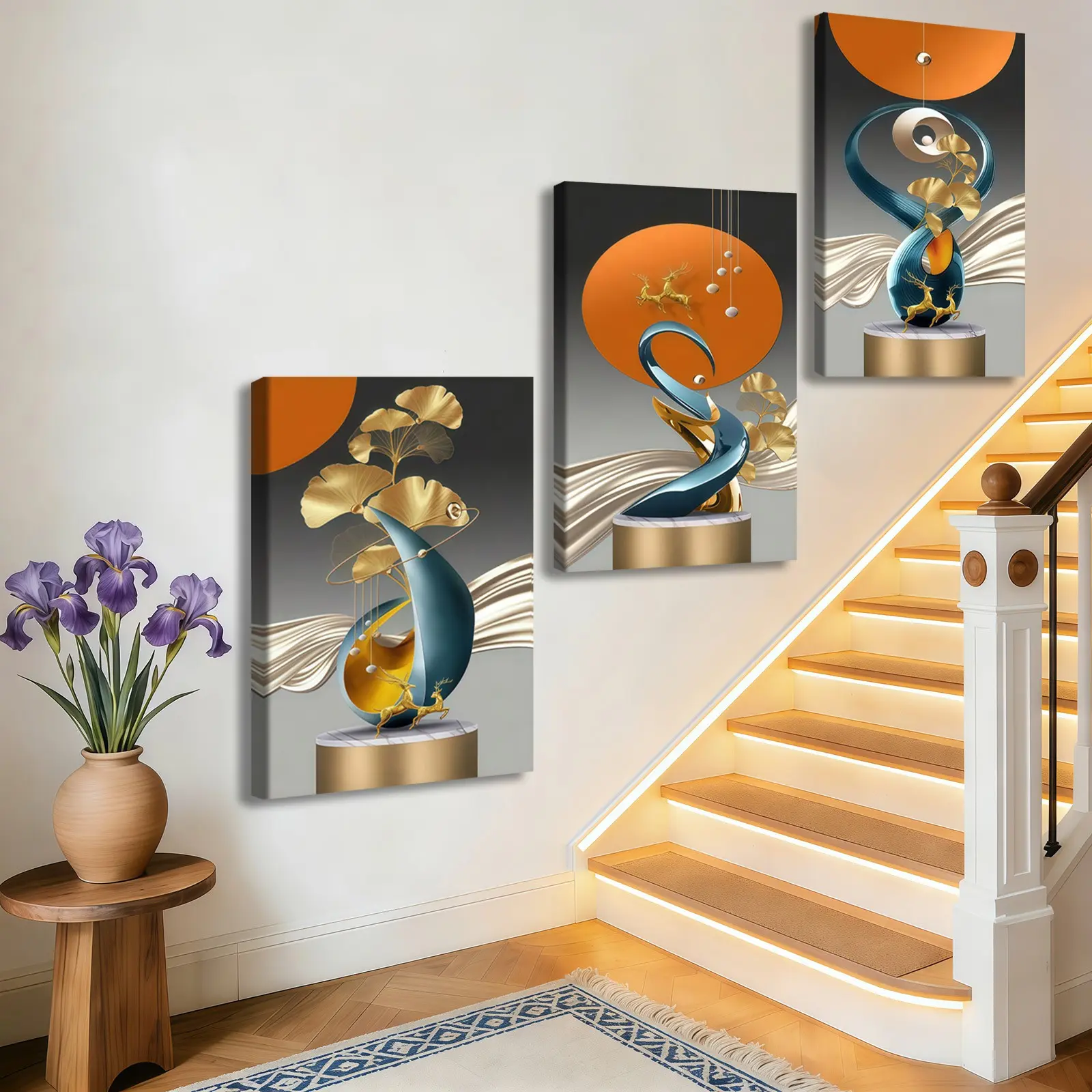3-Pack Wood Frame Canvas, Modern Abstract Geometric Design Art Posters Art Prints, Luxury Entryway Decoration, Waterproof Artistic Wall Art, Aesthetic Home Wall Decor for Living Room, Bedroom, Office