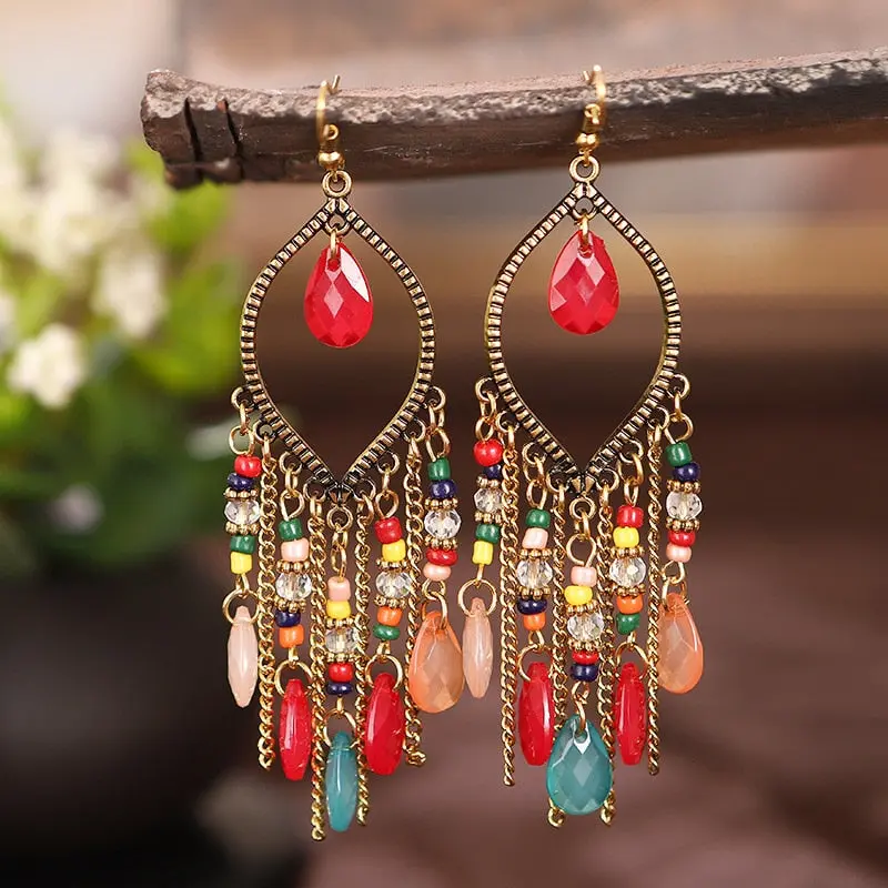Ruby Beaded Tassel Earrings