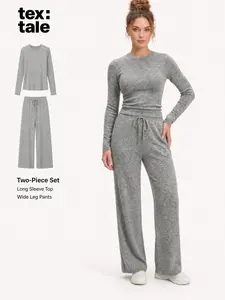 TexTale Women’s Soft Lounge Set 2 Piece Matching Travel Outfit Long Sleeve Top & Wide Leg Pants Casual Homewear Pajama Set