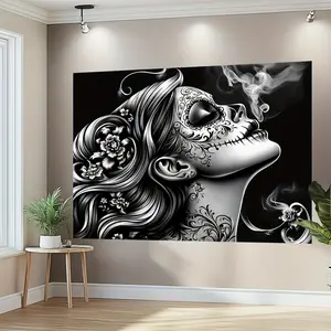 1pc Day of the Dead Banner Cloth - Black & White Sugar Skull Floral Design Durable Polyester Wall Tapestry for Weddings, Birthdays, Anniversaries, Garden & Home Decor - All-Season Versatile Festive Party Decoration, Event Decoration, Elegant Tapestry, Hig