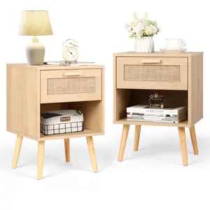 VOWNER Rattan Nightstand, Night Stands with Hand Made Rattan Decorated Drawer, End Table, Side Table Wood Accent Table with Storage for Bedroom