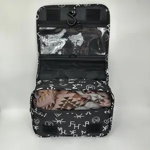 Fashion black letter print wash bag-lightweight, cosmetic bag with zipper, with top handle, suitable for travel