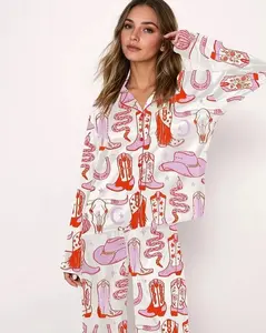 Women's Howdy Cowgirl Long Sleeve Pajama Set, Sleepwear Satin Pajama Texas Cowboy Wild West Hook Em Gifts For Fans
