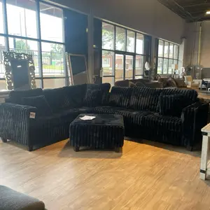 Sofa Love Seat Sectional - Product Image Showcases Black Velvet Design with Matching Pillows and Ottoman