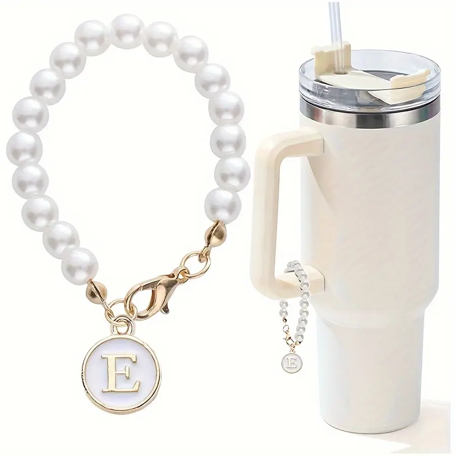 [Letter Charm Keychain] Pearl Chain Accessories, Attractive Letter Charm for Cup | Initial Charms for Handle, Water Bottle, Tumbler, Name ID Decorations, Lightweight Keychain