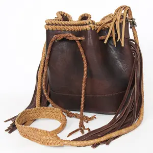 American Darling Bucket bag, Handcrafted Genuine Leather Western Purse with Fringes & Braided Strap, 10in X 9in X 7in